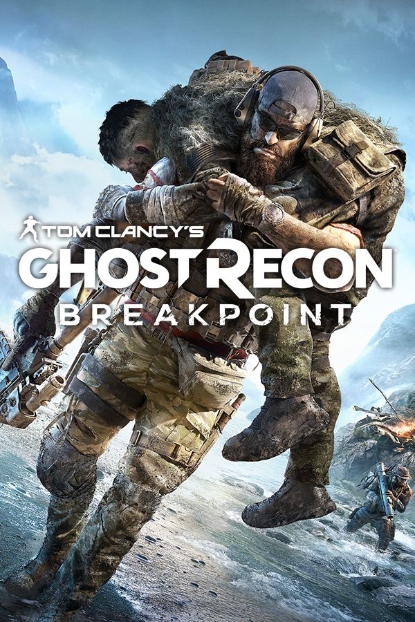 The poster for the video game Tom Clancy's Ghost Recon Breakpoint. It shows a Ghost operative in camouflage, carrying another Ghost operative slung over his shoulders and a rifle in one hand. A helicopter is exploding in the distance behind, with a third Ghost operative fording a stream with a rocket launcher.