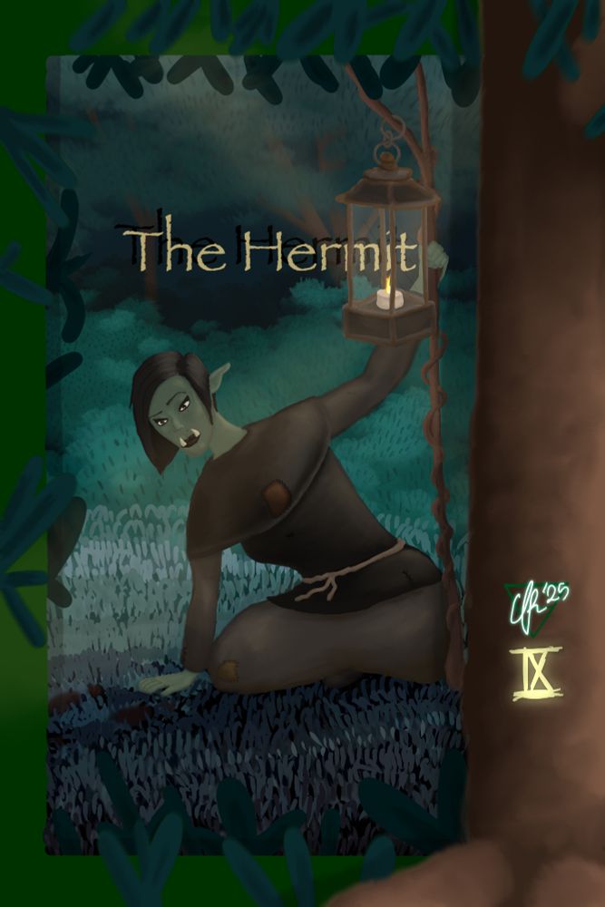 An orc woman kneels down in a threadbare robe, to inspect footprints in the nighttime grass. Moonlight lights a clearing behind her, and her lantern provides light closer to her. The lantern hangs from a stick she supports herself with. In the foreground is a tree. The text "The Hermit" floats in the background. The number 9 (IX) is etched into the base of the tree underneath the artists' signature.