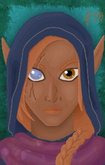 A tan, red headed elf in a blue hood and warm toned scarf looks at the "camera" with one amber eye, and one blind eye (milky white and with scarring)