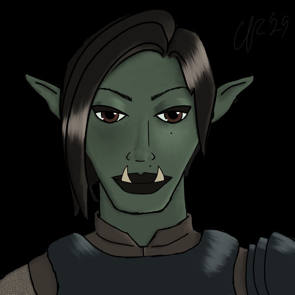 An orc woman with black hair and green skin, looks at the camera. The drawing is in "portrait" style. The orc has dark lipstick, brown eyes, and black armor over brown clothing.