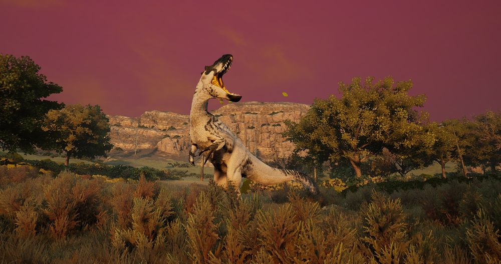 A roaring Yutyrannus in the sunset, the sky is pink with foliage around the Yuty.