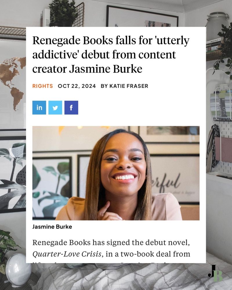Screenshot of the Bookseller announcing my book deal. Headline reads ‘Renegade Books calls for utterly addictive debut from content creator Jasmine Burke’