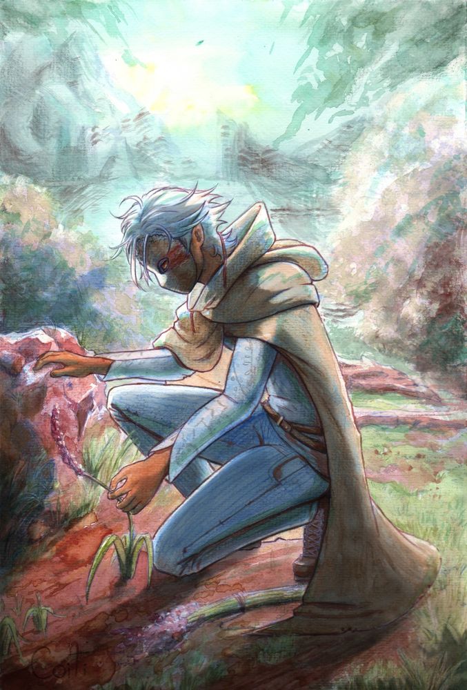 A humanoid with a wooden mask and white hair, he wears a brown cape. He is crouching picking up pink flowers. The floor is red dirt, rocks and grass, there are shrubs in the back. Far away mountains with stripes, a green sky with clouds and the yellow shine from a star.