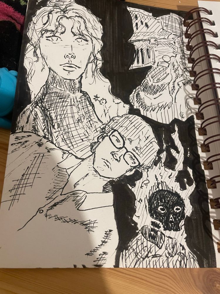 Rough sketches found in my sketchbook, pictured is a few portraits and practice drawings of OC ideas

