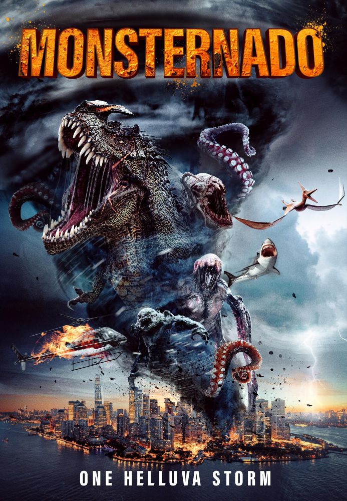 A poster for the movie Monsternado, featuring assorted prehistoric monsters in the shape of a tornado 