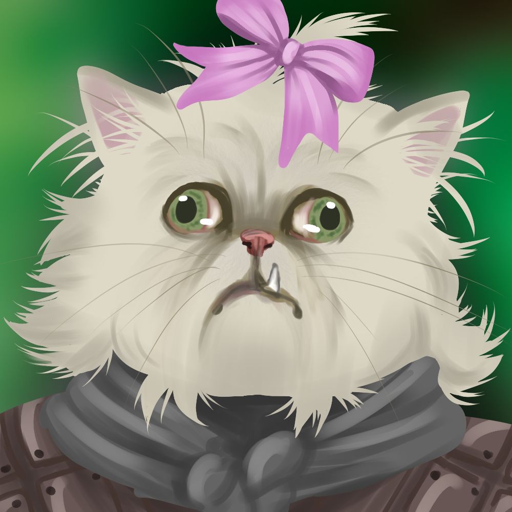 Digitale Zeichnung eines Perser-Katers, weißes struppiges Fell, grüne nach außen schielende Augen, ein unterer Eckzahn schaut heraus. Er trägt eine lederne Rüstung und einen grauen Umhang. Auf dem Kopf sitzt eine rosafarbene Schleife.
