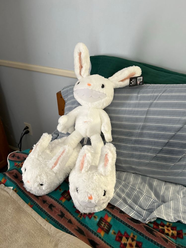 A picture of Uncute’s Max plushie wearing Max slippers.