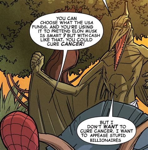 The Spider-Man Cancer meme, but with altered text: "You can choose what the USA funds, and you're using it to pretend Elon Musk is smart? But with cash like that, you could cure cancer!" "But I don't want to cure cancer. I want to appease stupid billionaires"