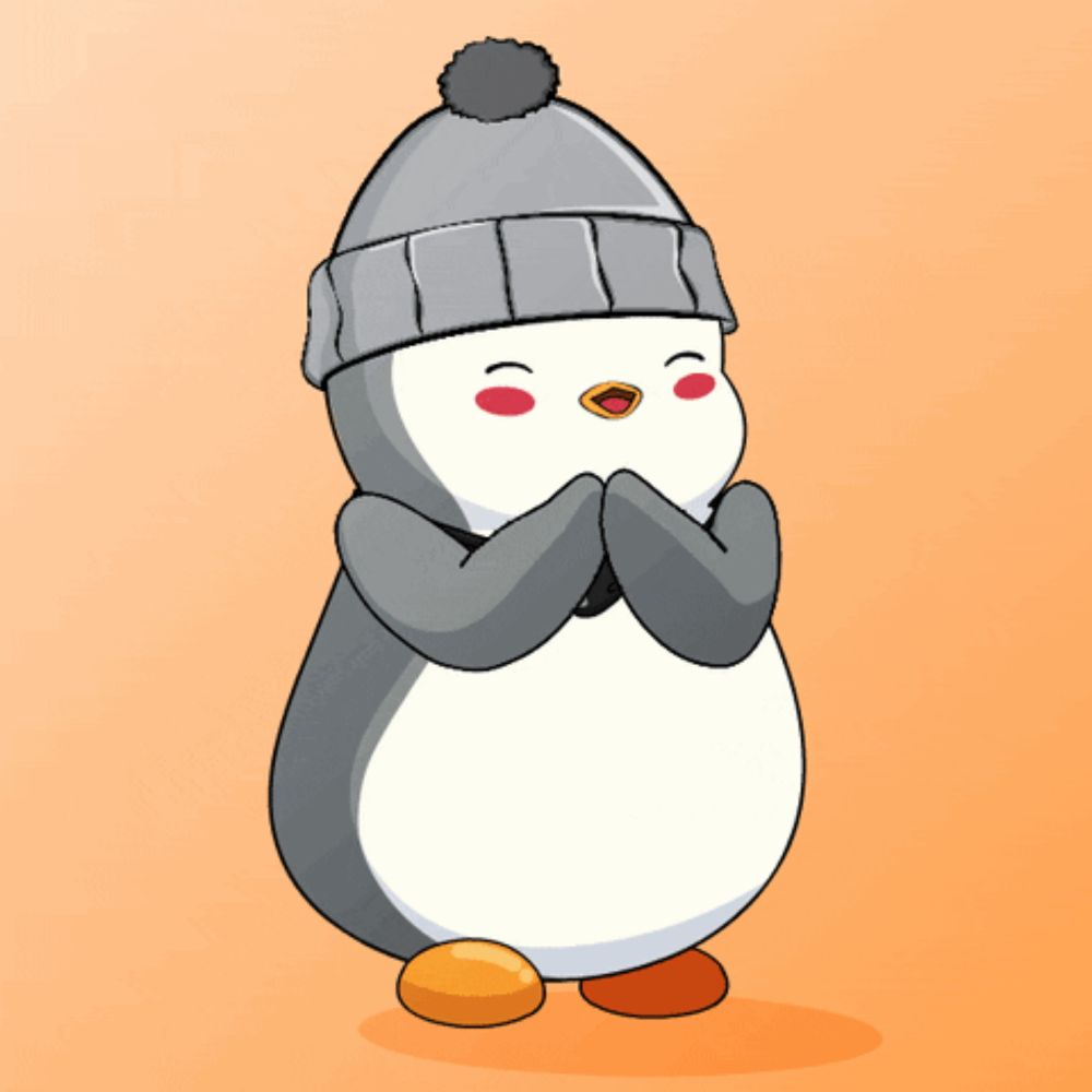 a penguin wearing a gray hat with a pom pom on top