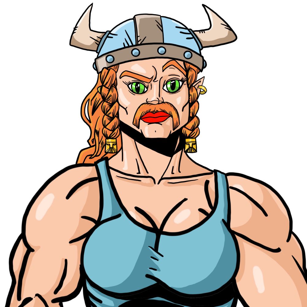 A buff female dwarf in a tank top sporting braids and a handlebar moustache 
