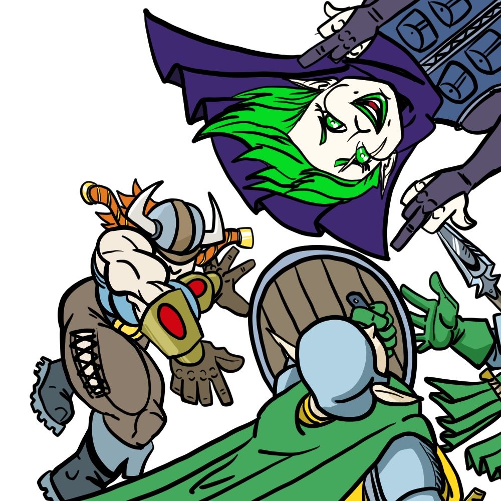 Vistral the dwarven barbarian tosses Amelia the halfling rogue over a pair of shocked guards as Amelia flips them both off.