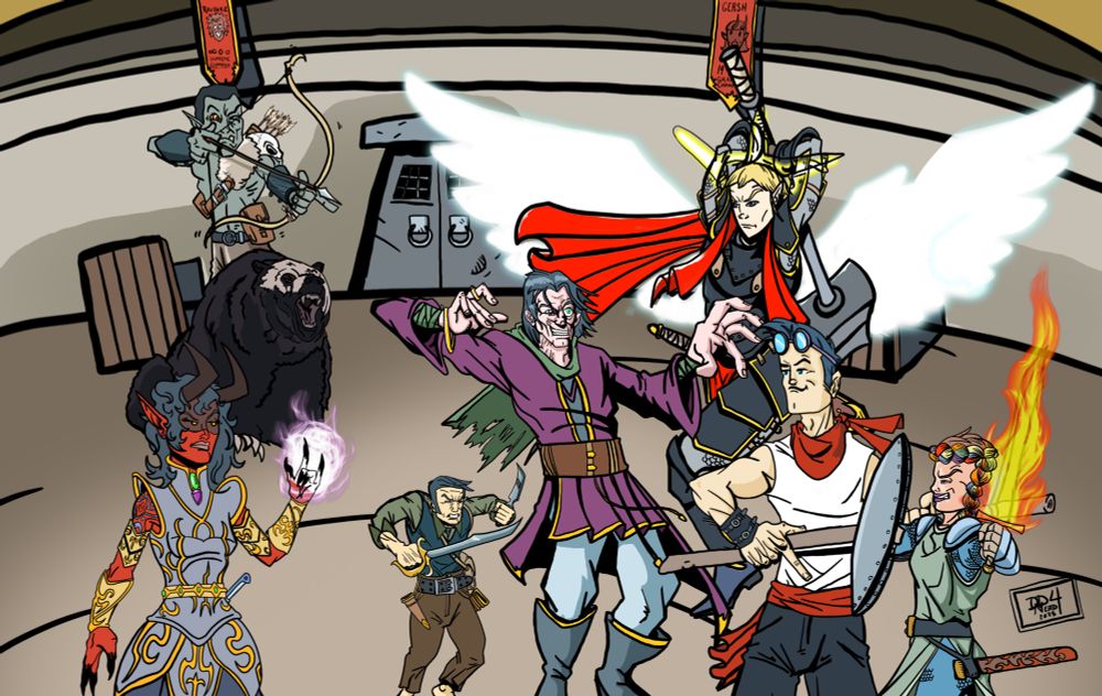 An adventuring party engages in combat with a god inside the local arena.