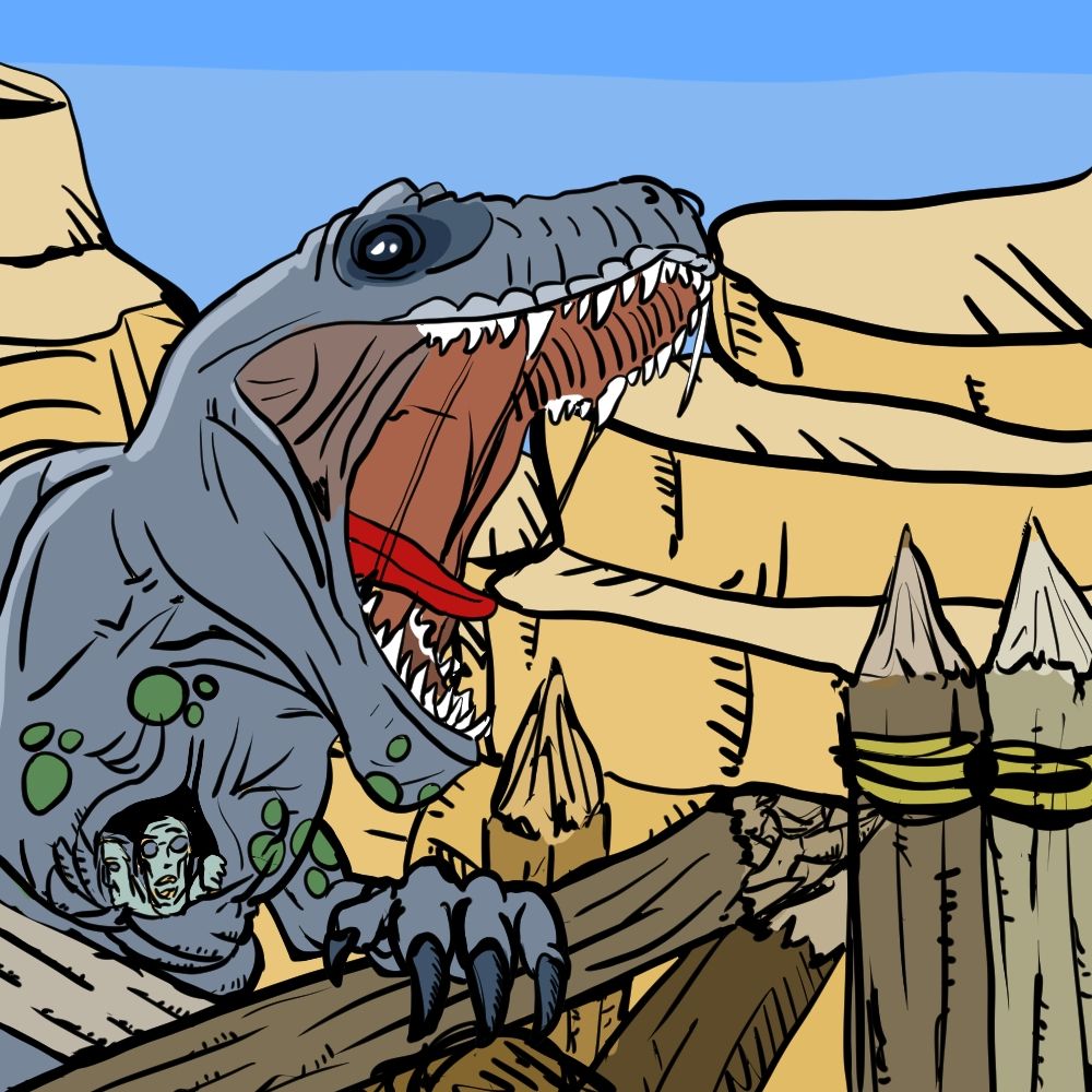 A zombie T-Rex destroys a villages defensive wall in an attempt to get at the adventurers inside 