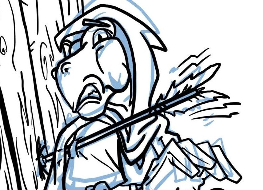 A hooded dragonborn rogue has his shirt and cloak pinned to a wooden door by an arrow