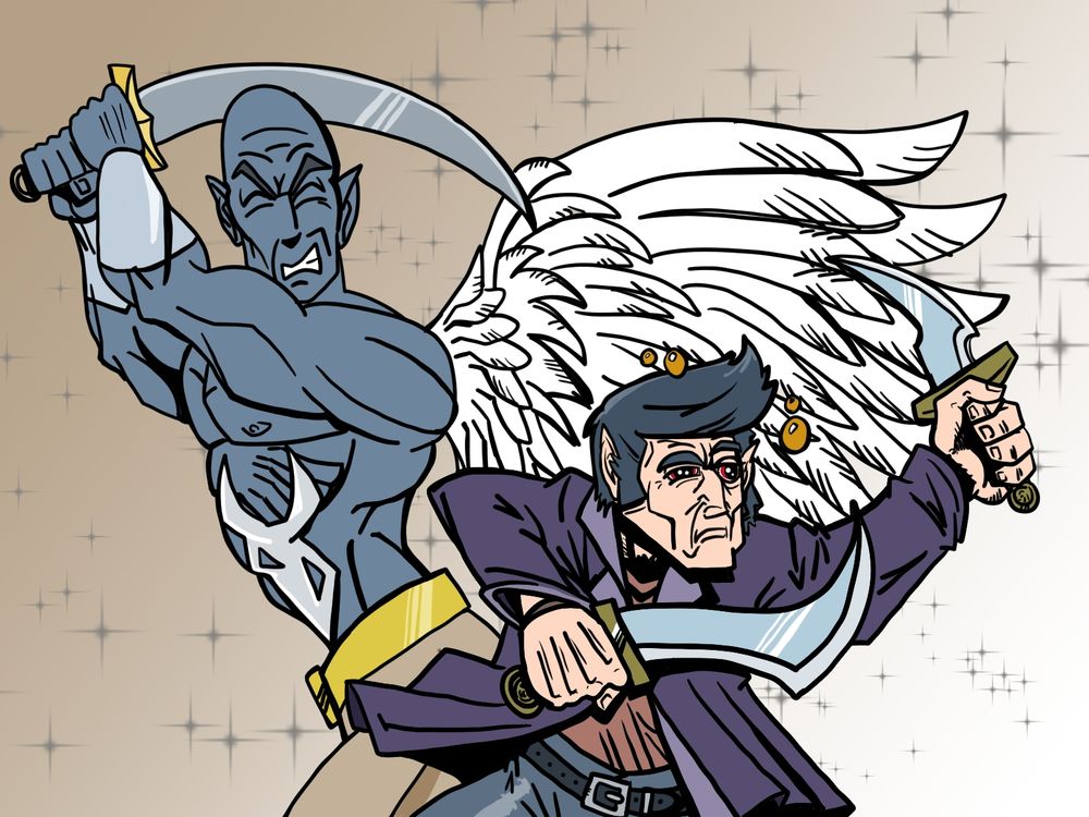 A stunned halfling rogue swings blindly as a winged celestial being prepares a massive strike from behind.
