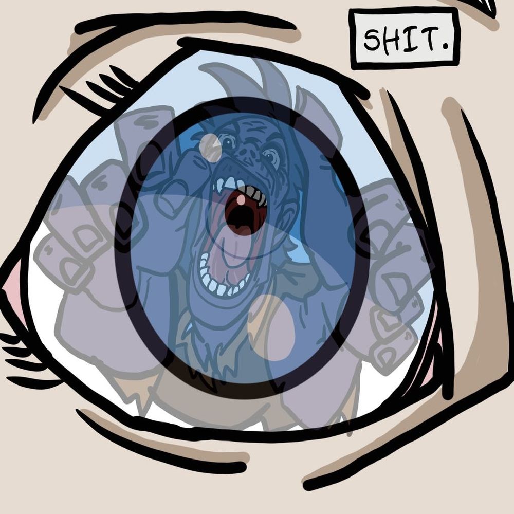 A lunging zombie reflected in the close up eye of a potential victim 