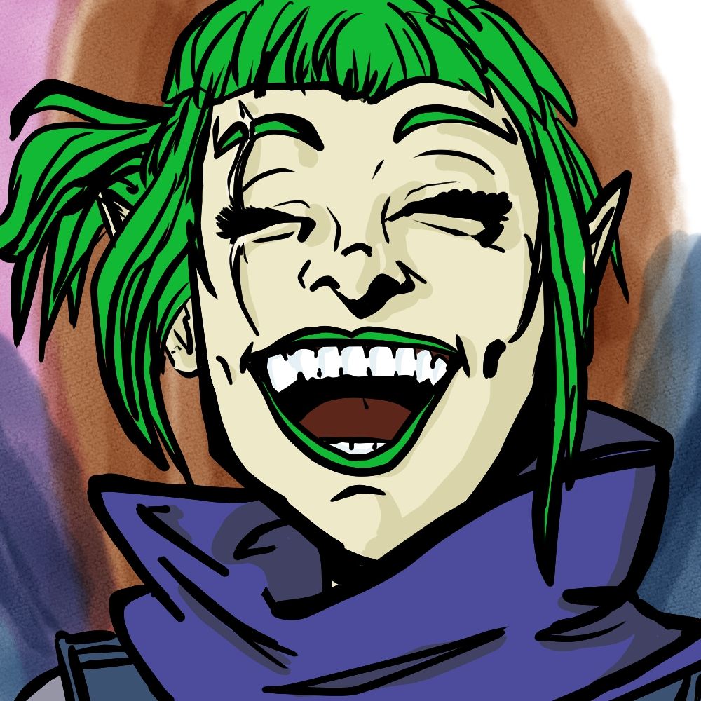 A portrait of a very happy Amelia the green haired halfling rogue with a wide mouthed smile.