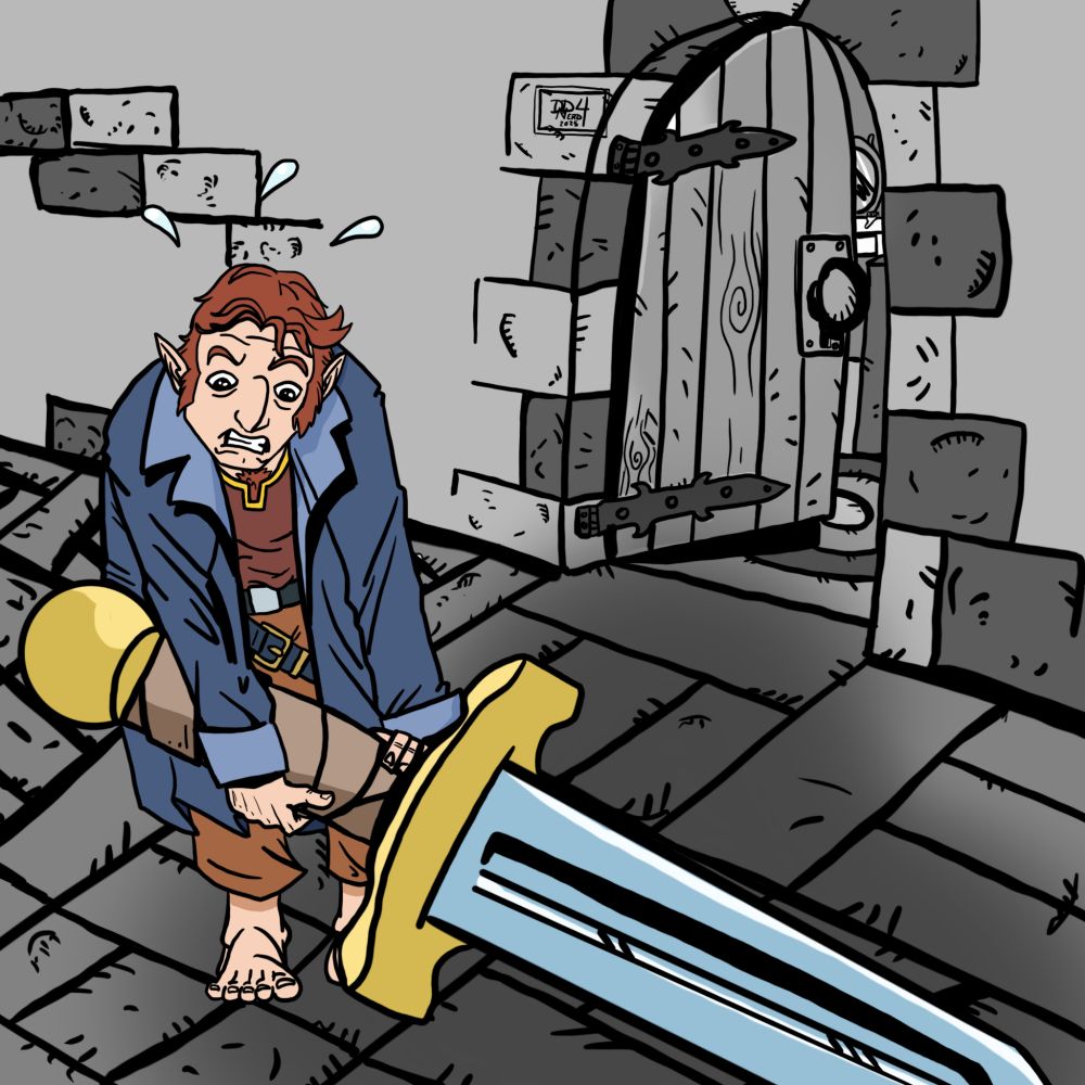 A halfling struggles to pick up a massive (to him) sword as an ominous looming shadow approaches.