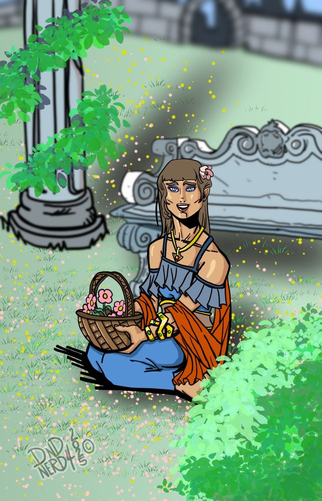 A smiling young woman sits in the grass of a beautiful garden