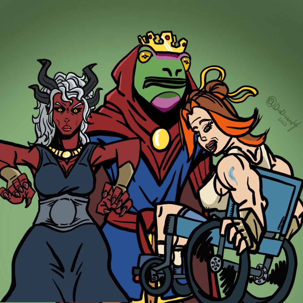 The characters from the actual play Roll the Fourth. King Dart of the Hopkins the frog ranger, Lady Zevari the cleric/warlock and Reign the cleric/bard.