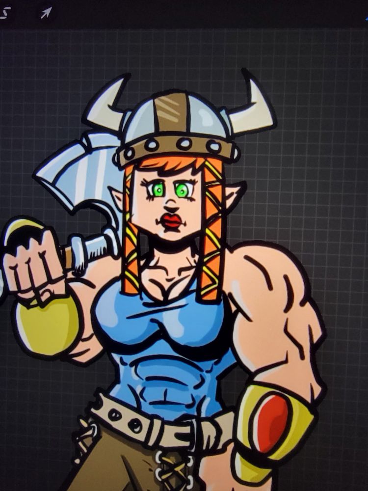 A green eyed red-haired dwarven barbarian rests her axe on a well muscled shoulder. 