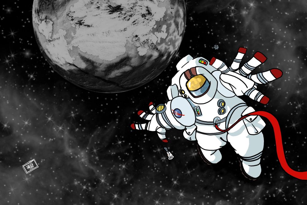 An astronaut floats frantically in space on the end of a tether high above a Grey planet. An alien monster reflected in his visor.