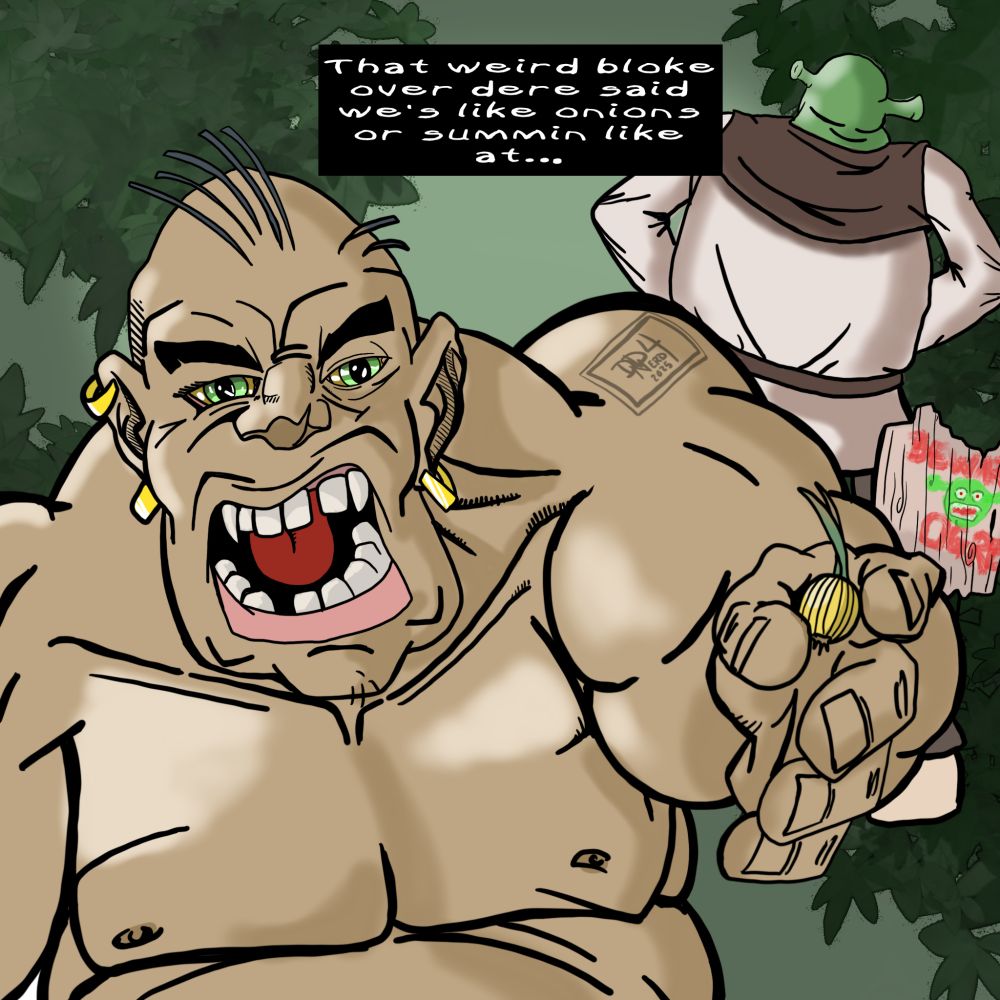 A classic D&D ogre holds up a tiny Spanish onion and proclaims the weird bloke in the background says ogre are like onions or something like that. A familiar green trumpet eared ogre stands in the background.