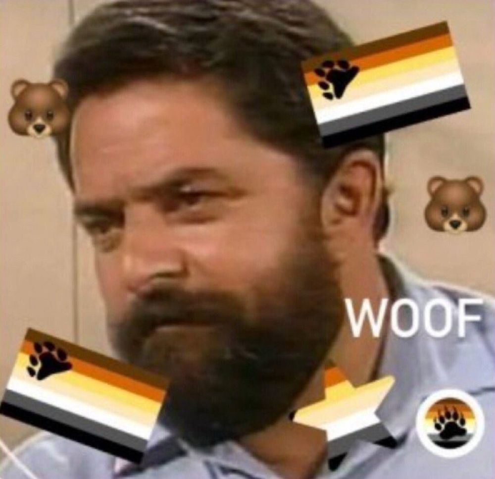 Foto do presidente Lula mais novo, com barba e cabelos ainda escuros. Na imagem também aparece a bandeira do orgulho Bear (listras marrom, laranja, amarela, branca, cinza e preta) e o texto woof