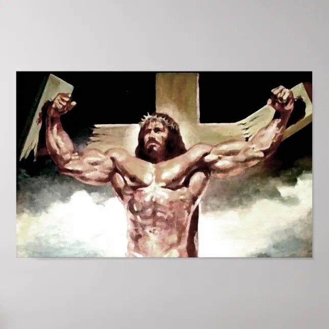 Imagem de Jesus muito musculoso e crucificado quebrando a cruz enquanto flexiona o bíceps 