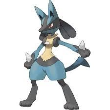 Foto do pokémon Lucario. Ele lembra o deus Anúbis, é antropormófico com cabeça de chacal. Também é bípede, tem pele azul e detalhes pretos com um espinho em cada mão e um saindo do peito.