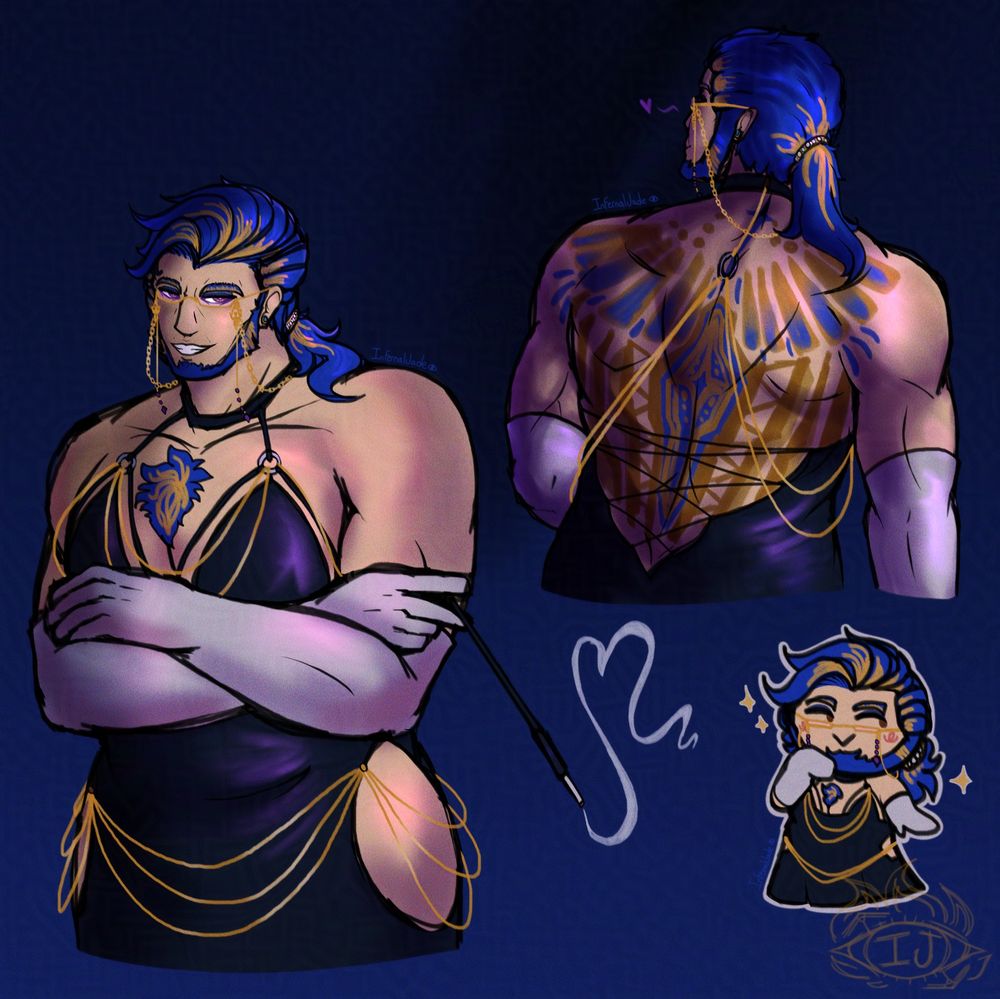 Several drawings of human!Sentinel wearing a revealing black dress with gold chains and long white gloves. In the drawing on the left, he is crossing his arms and holding a vintage cigarette holder in his left hand. The smoke from the cigarette is trailing off in a vague heart shape. In the upper right drawing, he is facing away from the camera while his head is slightly turned back to the left with a slight smile. He has numerous blue and gold tattoos all over his back, some are wing-shaped while others are more abstract/geometric in design. The lower right drawing is a simpler/chibi version of Sentinel striking a pose with three golden sparkles on both sides of his head.