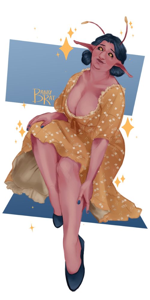 Fullbody drawing of a pink woman with long, elf like ears and antenna. She's wearing a yellow dress with white ruffles and small white flowers across it. She's smiling up towards the camera.