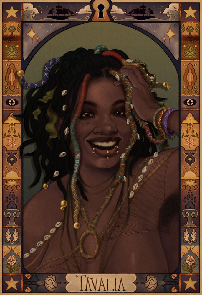Drawing of a person with wild locs pulle dup into a pony tail, some wrapped in yarn decorated with cowrie shells and golden beads. She's smiling and shirtless, only wearing a few fishnet and algea covered rope accessories. His portrait is in a colourful frame with stars, plants, and eyes down the side. At the top is a keyhole with 2 3 masted sailing ships on either side. On the bottom is a nametag with a dagger through the brain on either side. 