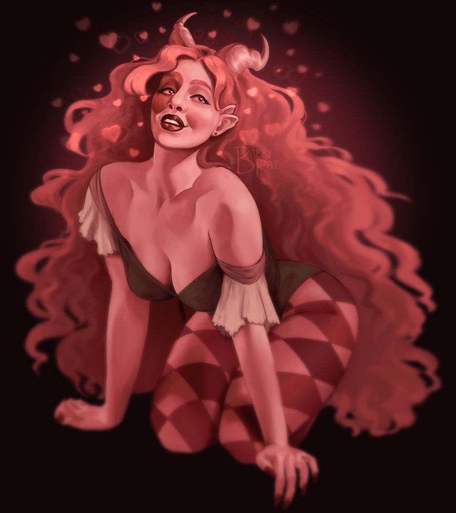 Fullbody drawing of a pink, horned woman on her knees smiling up towards the viewer surrounded by hearts