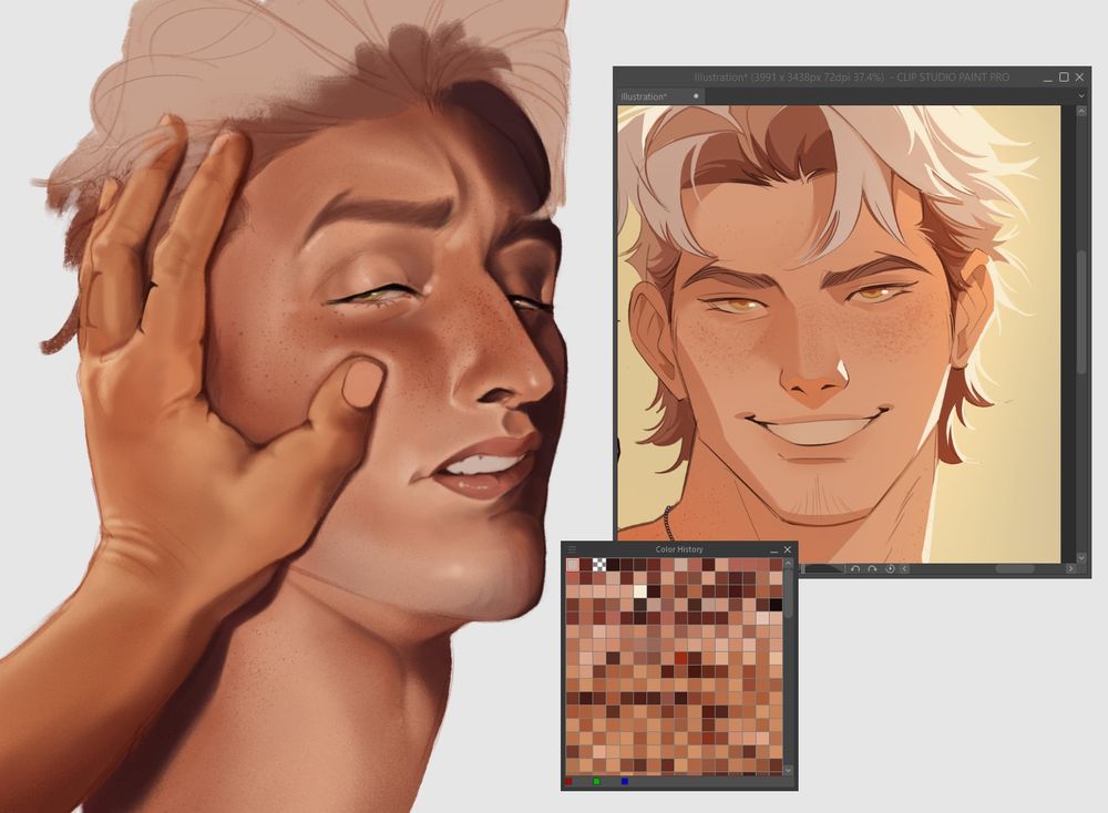 headshot drawing of a man being pressed against a surface by a hand, he's biting his lip and looking back at the person doing it on a white background. To the drawings right is a screenshot of a drawing of the same character by sagewiitch on a green background. And underneath that is the colour history of the piece. 