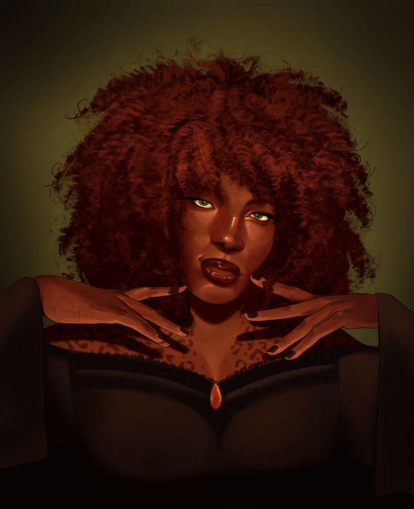 A drawn bust portrait of a black woman smirking and looking directly into the "camera". Both of her hands are lifted up towards her face, with her index fingers touching it gently. She's wearing a black dress with loose, bell shaped sleeves, and a low, straight neckline that sits low on the shoulders. She has leopard print tattoos across her shoulders.