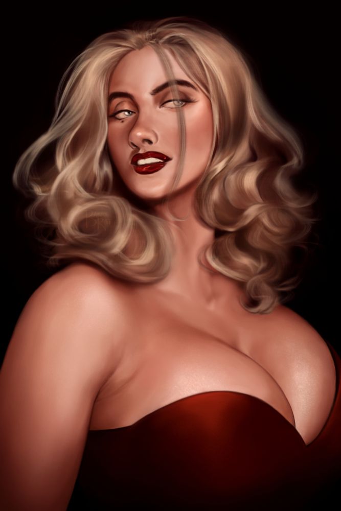 Drawing of a pale woman with flowing, blond, shoulder length hair. She's looking off to the right, mouth slightly open, wearing shiny red lipstick. She's wearing a very low cut, red dress showing off her cleavage. The drawing is set on a black background.