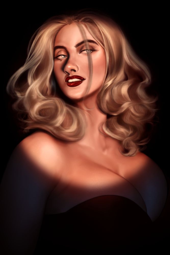bust drawing of a pale, white, blonde woman in a spotlight 