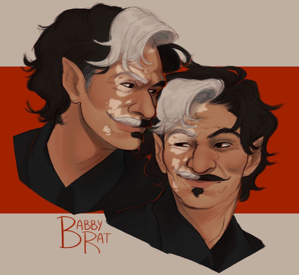 Two headshot drawings of the same character. He has a half white half black moustache with a black patch of hair under his lip. He has one white eye brow, a birthmark of lighter patches going up the left side of his face leading up to a white eyebrow and a white patch of bangs. In both drawings he's smirking. 
