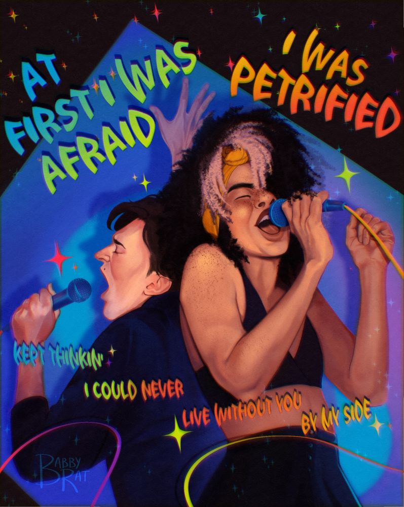 Drawing of two people singing together, the lyrics for I will survive overlayed on top in colourful letters. The person in the back is a white man in a suit jacket, and the person in the front is a blasian person with black and white coily hair and they're covered in freckles 