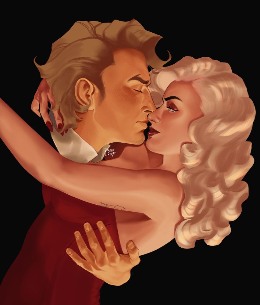 Drawing of a woman being held by a man. She has big, blonde hair and is wearing a red dress. She's smirking at the man. The man has dirty blond hair and is wincing. 