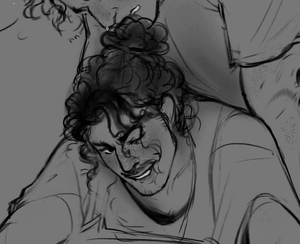 black and white cropped drawing of a man biting his lip and winking, above him is another man who is sweating.