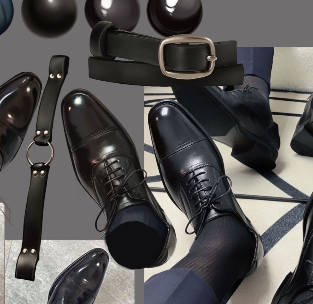 Cropped picture of a drawing of a men's leather shoe next to the reference image. To its left is a drawing of two leather straps with an o ring in the middle, and above it is a drawing of a cropped section of a leather belt showing a loop and buckle