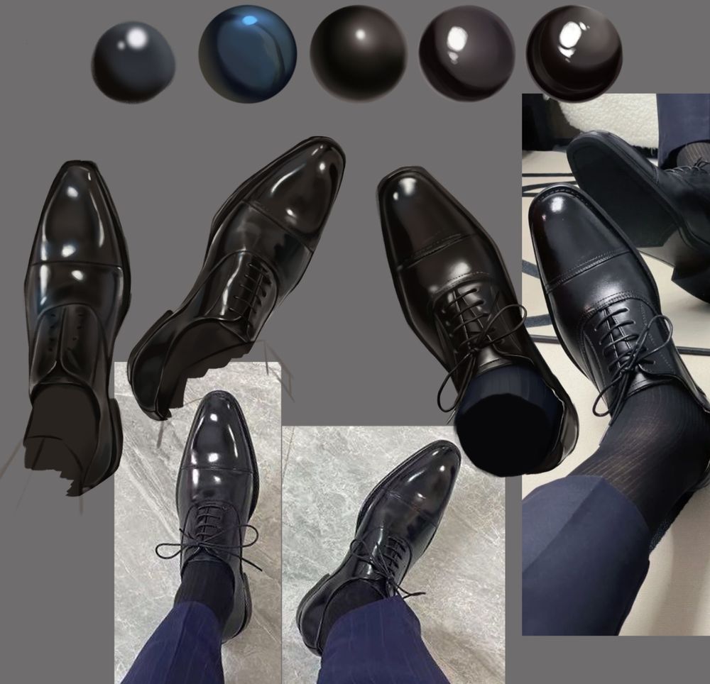 5 circles at the top showing different ways to render leather on dress shoes. 3 drawings of different dress shoes with their accompanying reference photos. 