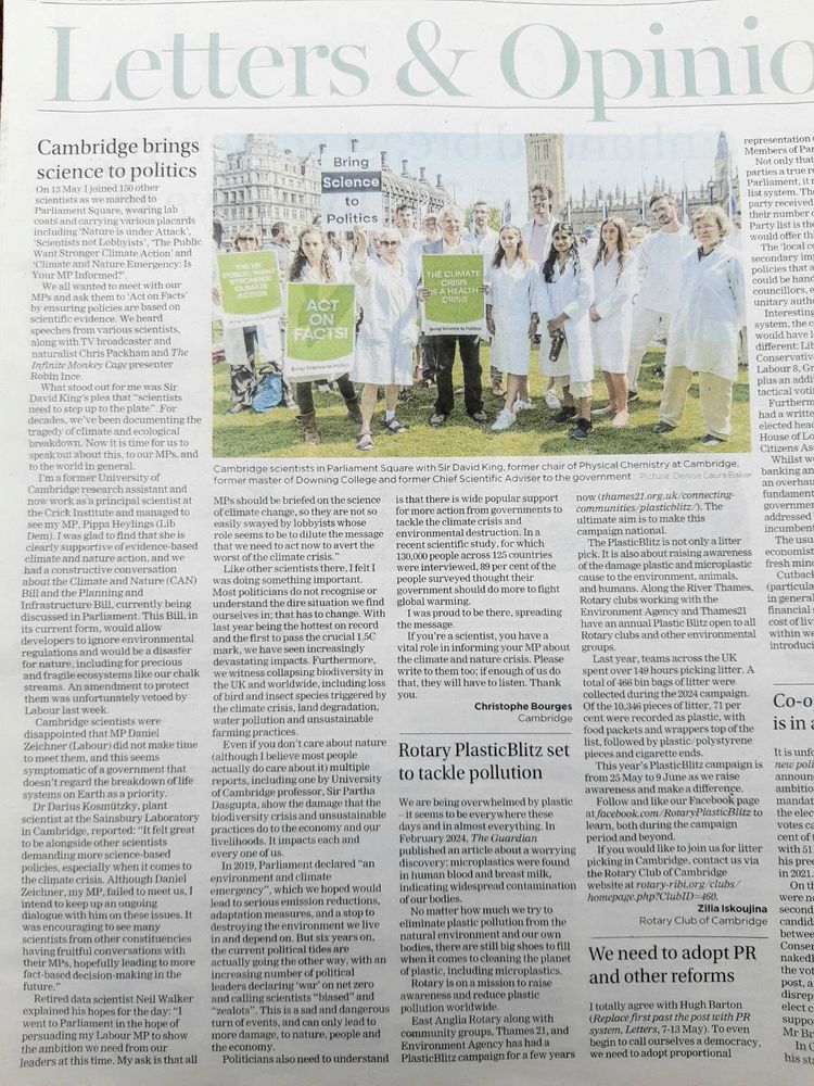 Letters and Opinion piece titled 'Cambridge brings science to politics'