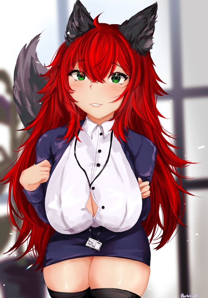 Sasha in an office attire, teasing forwards pose, horny dept mgr badge