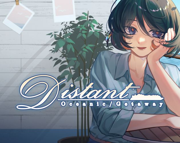 Key image for Distant Oceanic Getaway. A woman with hair cut below her ears, wearing a blue button-down blouse cuffs rolled up below her elbow, leans on a wooden railing, her cheek in one hand on a ship's deck. The wind plays through her hair.