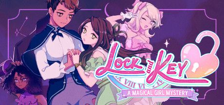 Title card for Lock & Key, a caped woman with short hair holds hands with a girl in a green dress, surrounded by other characters from the game.