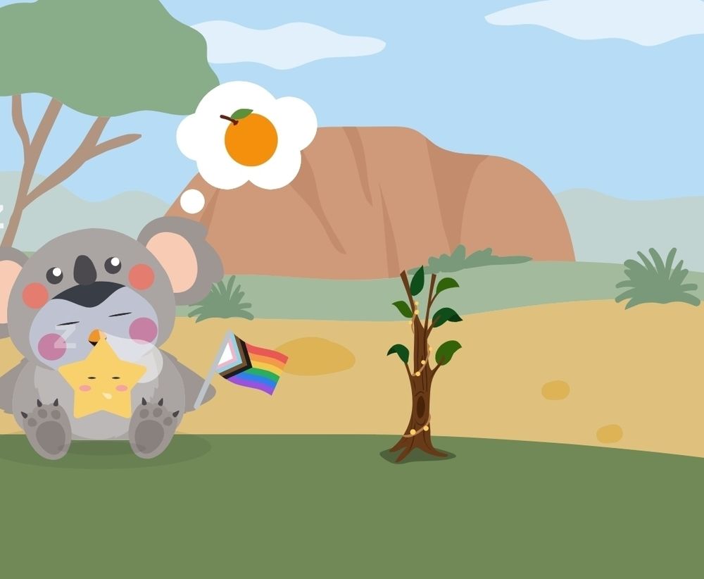 a screenshot from my finch app with my birb dressed up as a koala. my birb is holding a progress pride flag and is accompanied by a star mini-pet. they're currently sleeping, and their thought bubble is showing an orange. 