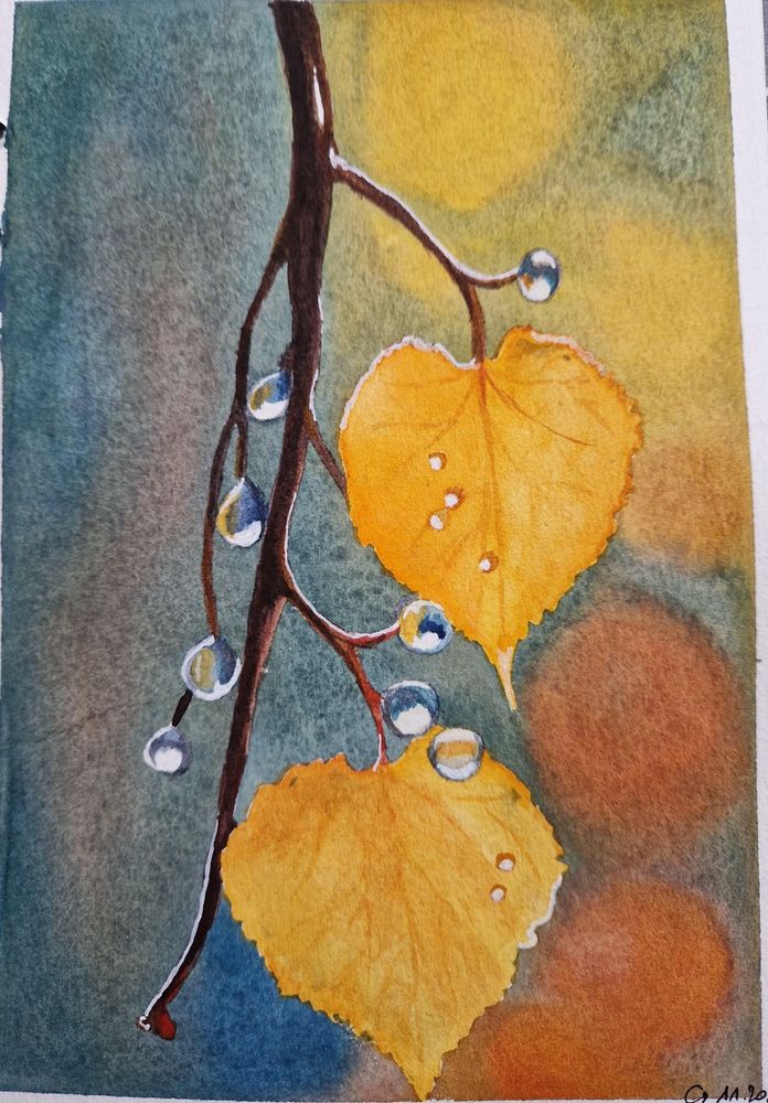 Aquarelle : 2 feuilles jaunes/dorées sur une branche avec des gouttes d'eau 